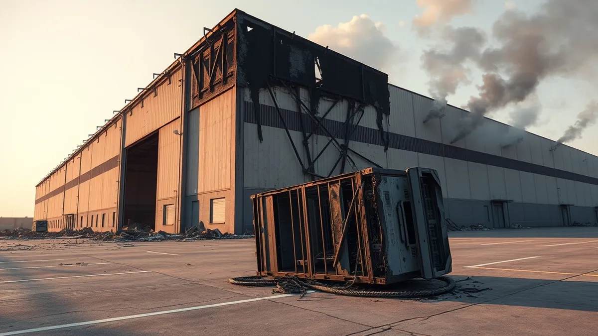 Illustration: A large industrial warehouse building sits with its roof torn open and smoke rising from the charred interior.
