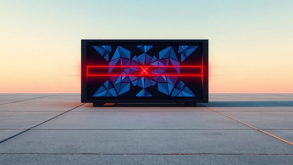 Illustration: A sleek black security appliance sits on a concrete floor, its front panel glowing with abstract blue geometric patterns.