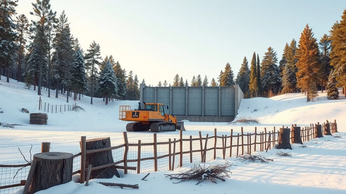 Illustration: Heavy construction equipment sits idle in a snowy clearing surrounded by dense pine forest.