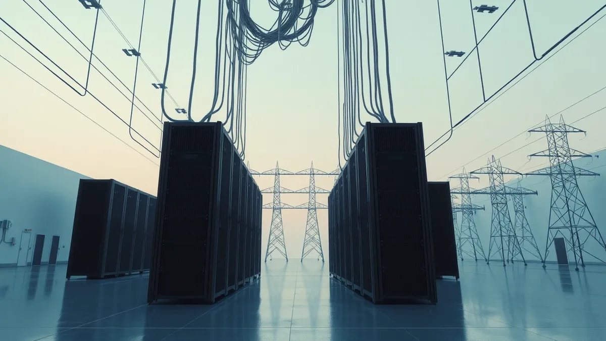 Illustration: A row of black server racks sits idle inside a vast, empty warehouse near a high-voltage power substation.