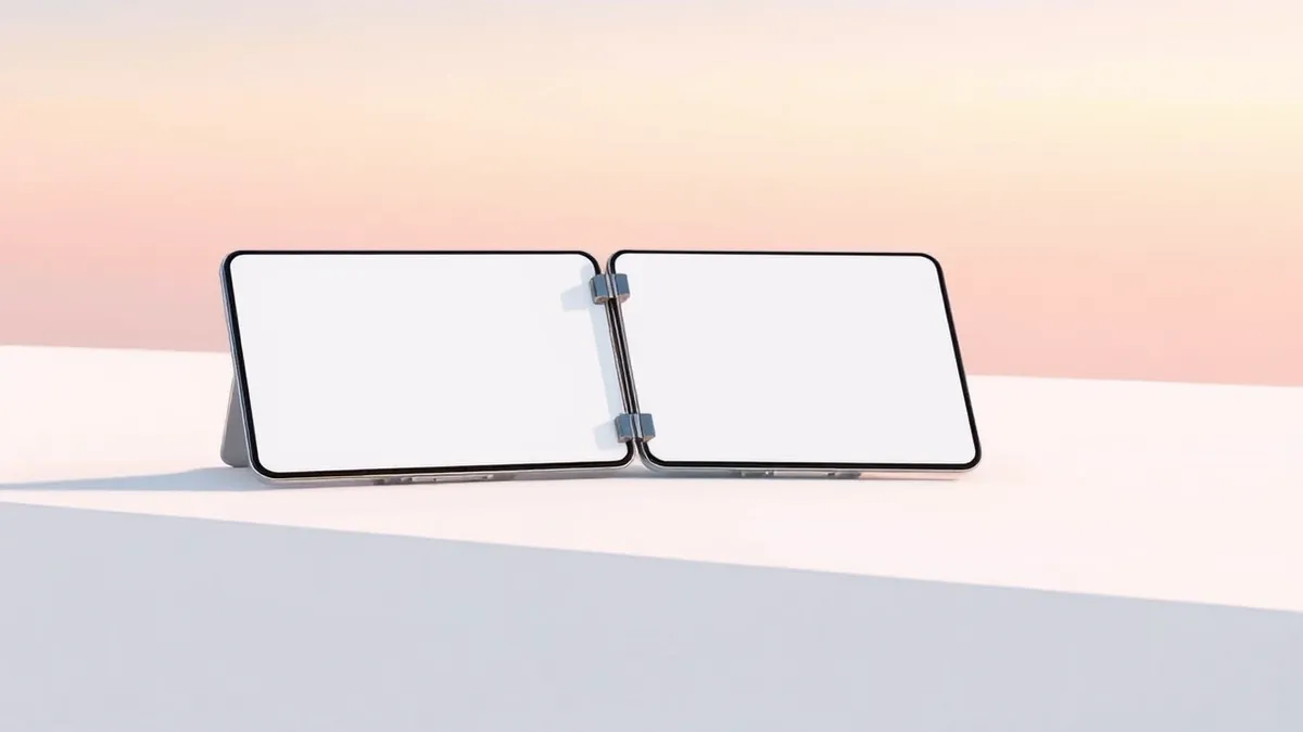 Illustration: A sleek foldable smartphone rests on a clean white surface, its large display open flat to reveal a seamless screen without any visible crease.