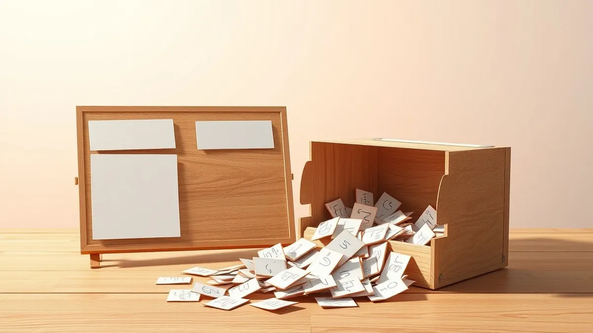 Illustration: A wooden taskboard with blank magnetic cards stands next to a small, open database box.
