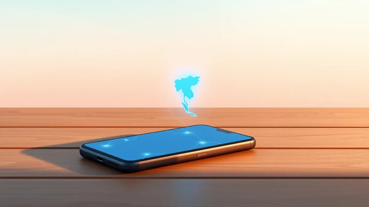 Illustration: A sleek smartphone rests on a wooden table, its screen displaying a simple abstract neural network diagram in soft blue tones.