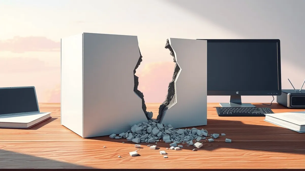 Illustration: A white WordPress plugin box with abstract geometric shapes sits cracked on a wooden desk.