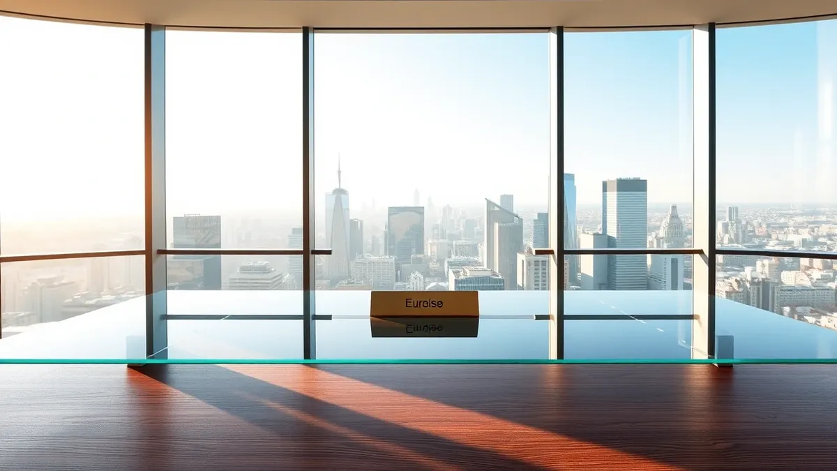 Illustration: A sleek glass executive desk sits in a modern office overlooking a city skyline.