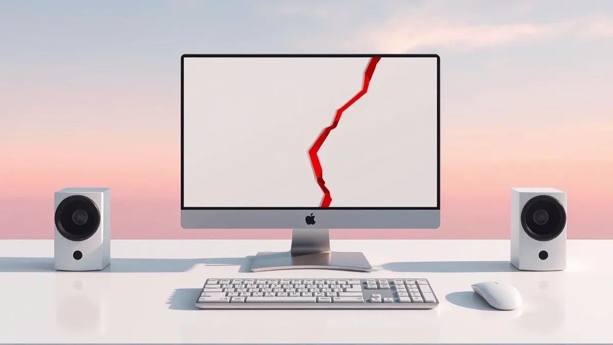 Illustration: A sleek desktop computer sits on a minimalist white desk with its monitor displaying only abstract geometric shapes.