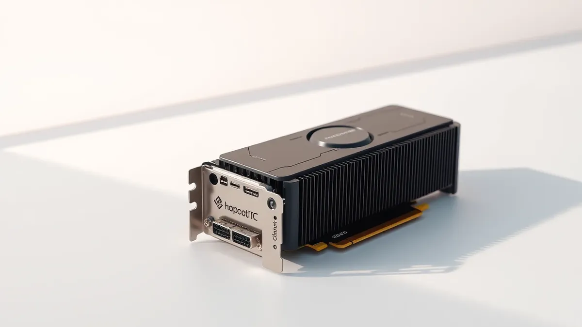 Illustration: A sleek black graphics processing card rests on a clean white surface.