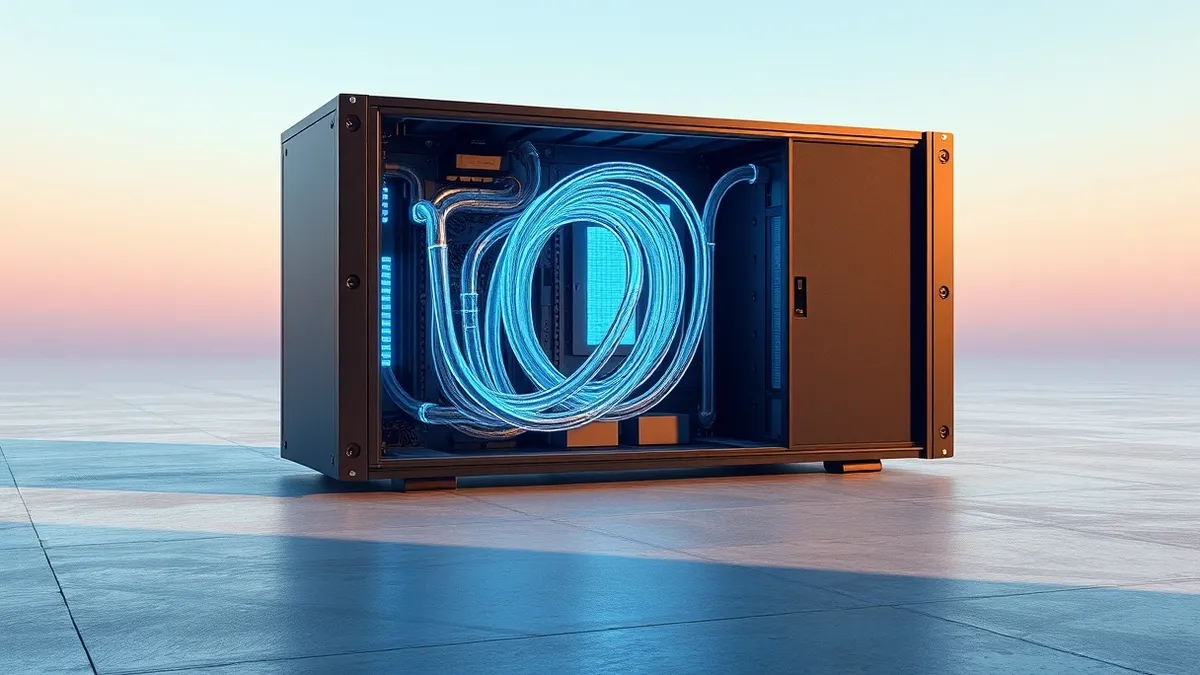 Illustration: A sleek server module sits on a polished concrete floor, its side panel open to reveal intricate liquid cooling pipes glowing with soft blue light.