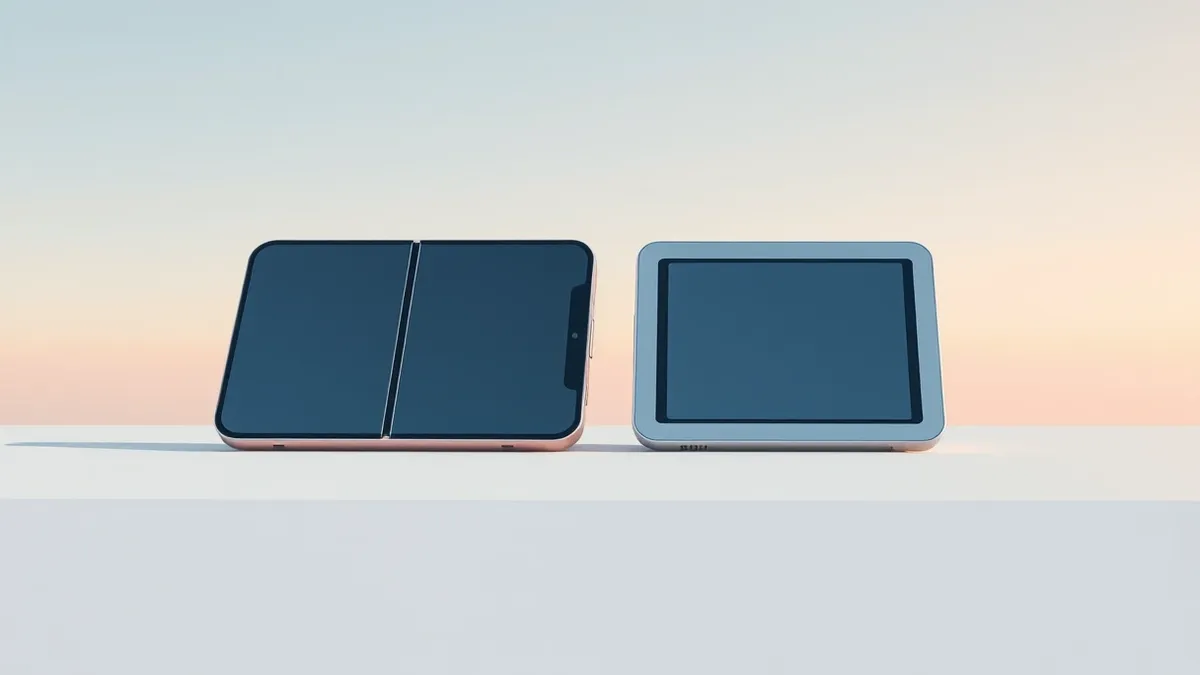 Illustration: A sleek smartphone with three folding hinges rests on a minimalist surface.