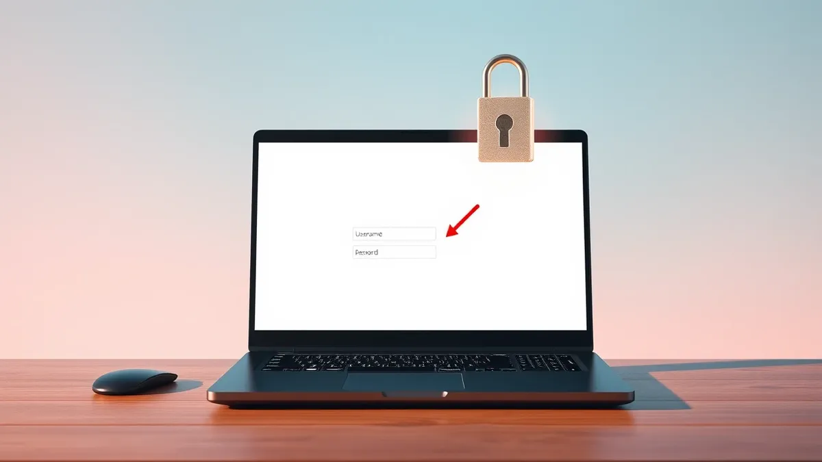 Illustration: A sleek black laptop sits on a wooden desk, its screen displaying a blank white login form with empty username and password fields.