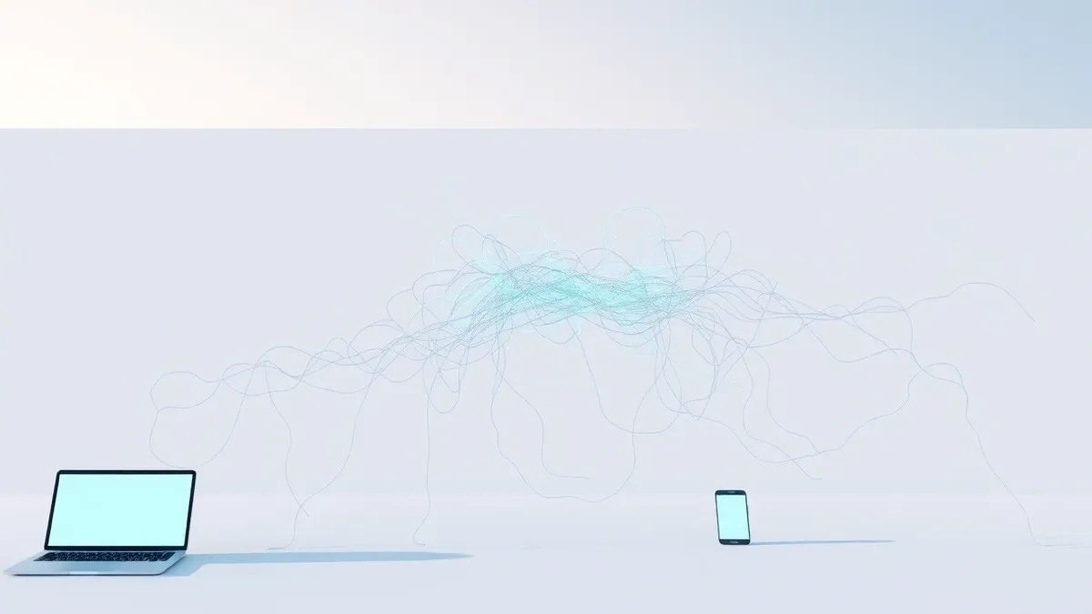Illustration: A tangled web of glowing blue threads weaves through a blank digital canvas, representing autonomous code generation.