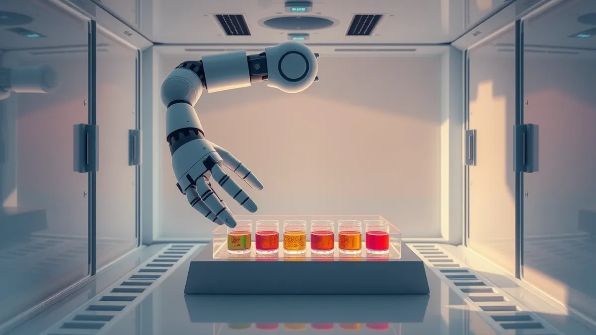 Illustration: A robotic arm gently places a glass microplate into a sterile laboratory incubator.