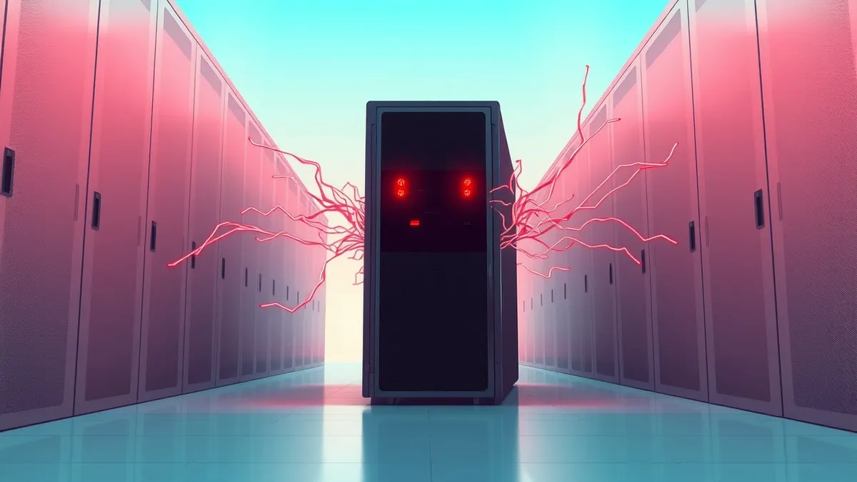 Illustration: A solitary, sleek server appliance sits in a dimly lit data center aisle.