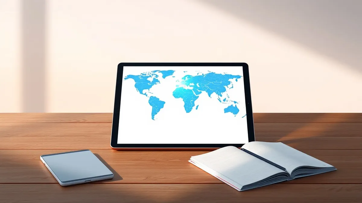 Illustration: A sleek tablet rests on a wooden table, its blank screen displaying a simplified world map with abstract blue traffic flows connecting continents.