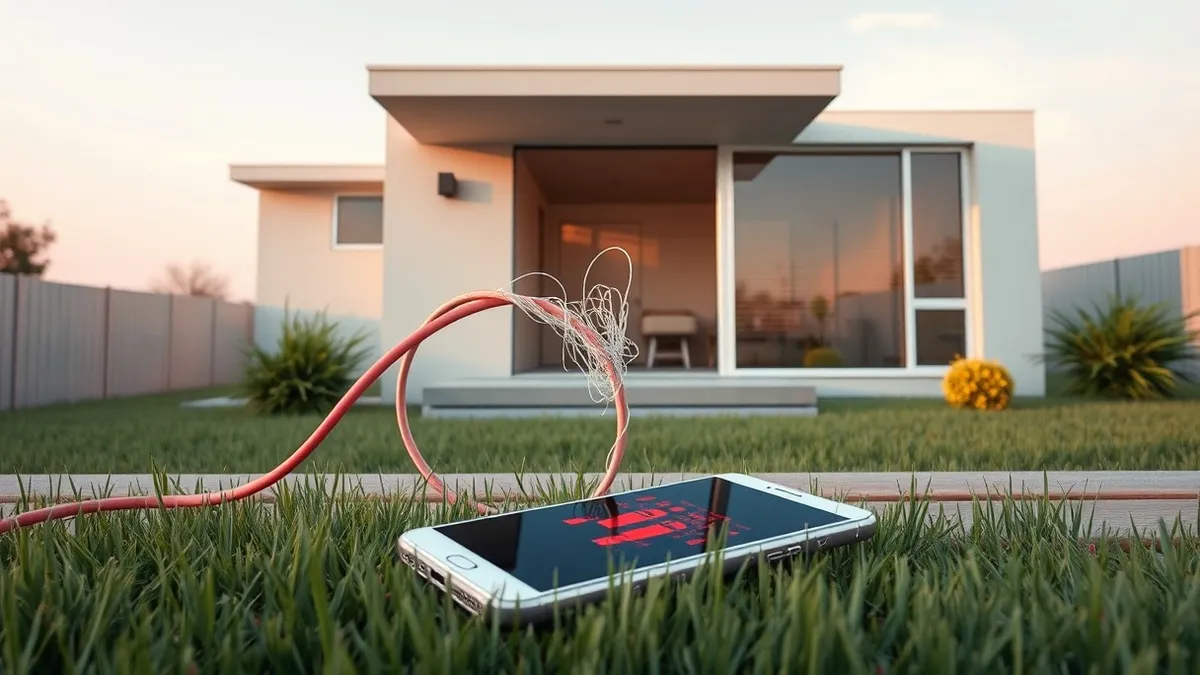Illustration: A pristine modern home exterior stands in sharp contrast to a tangled, frayed network cable emerging from a backyard window.