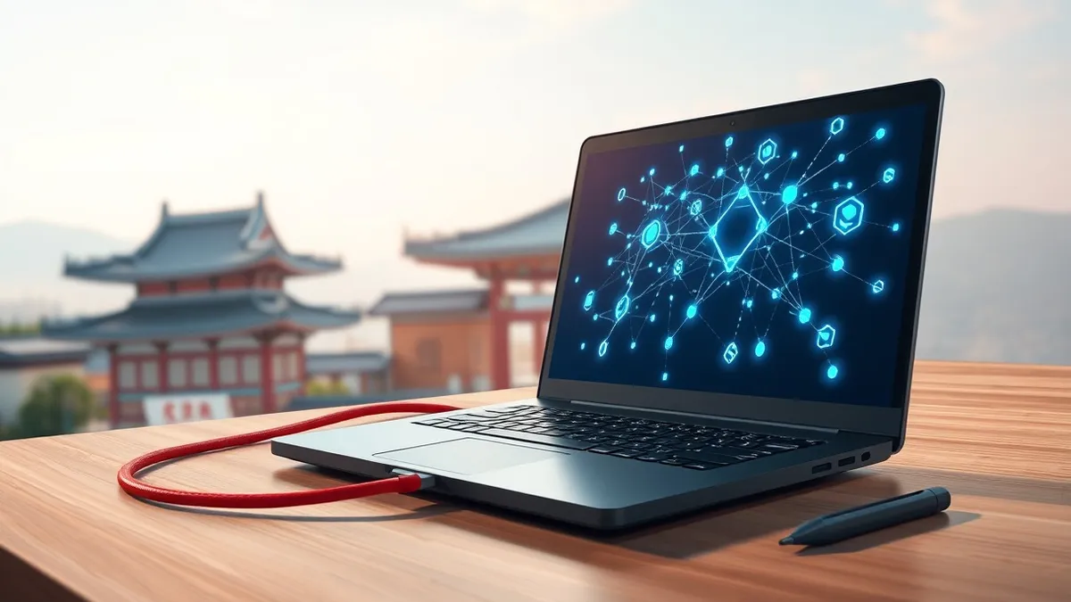 Illustration: A sleek black laptop sits on a wooden desk, its screen displaying a complex web of glowing blue connection nodes and abstract geometric shapes.