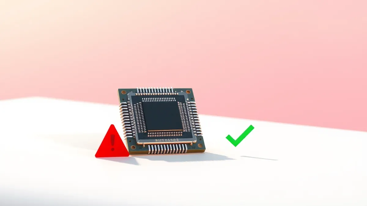 Illustration: A generic microchip rests on a clean white surface, its metallic casing reflecting soft light.