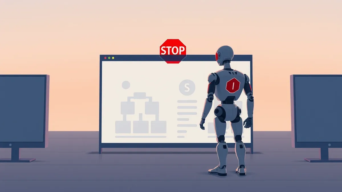 Illustration: A sleek, headless robot stands before a closed, modern website interface featuring a large red stop symbol.