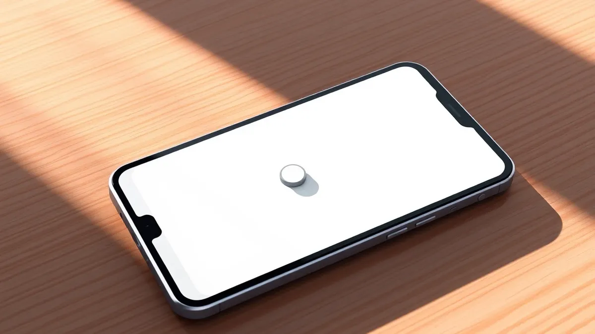Illustration: A sleek smartphone rests on a wooden desk, its screen displaying a blank white interface with a single grayed-out toggle switch positioned at the center.