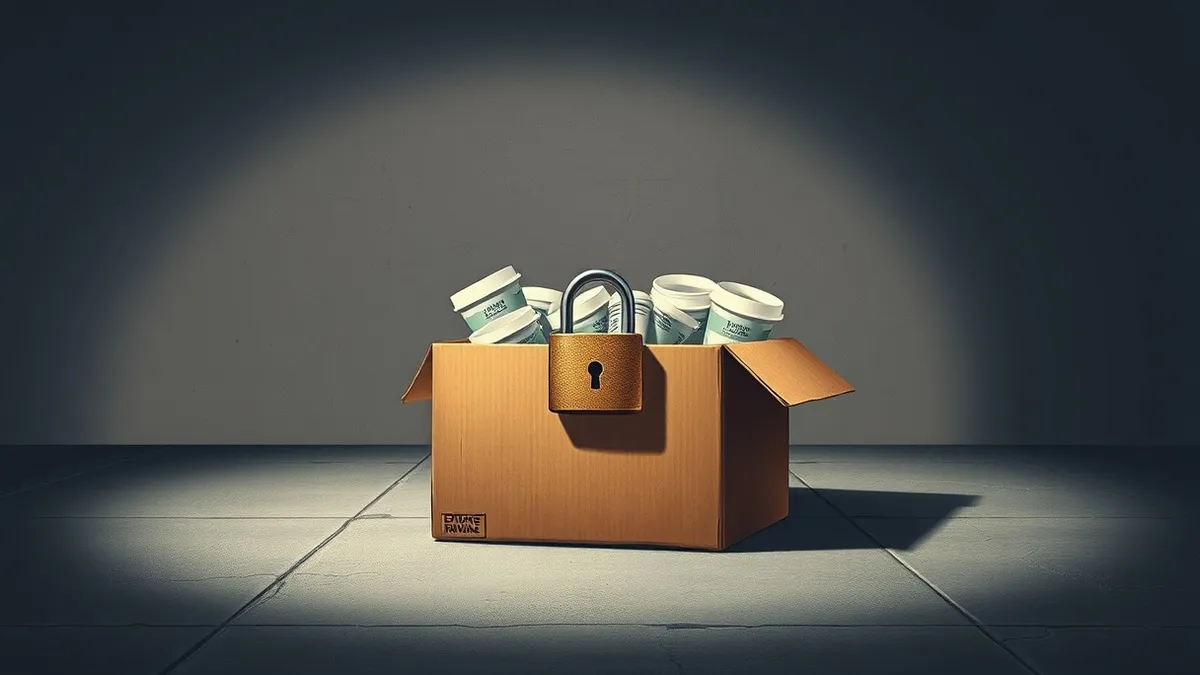 Illustration: A dusty cardboard box sits on a concrete floor, filled with crumpled visa documents and empty coffee cups.