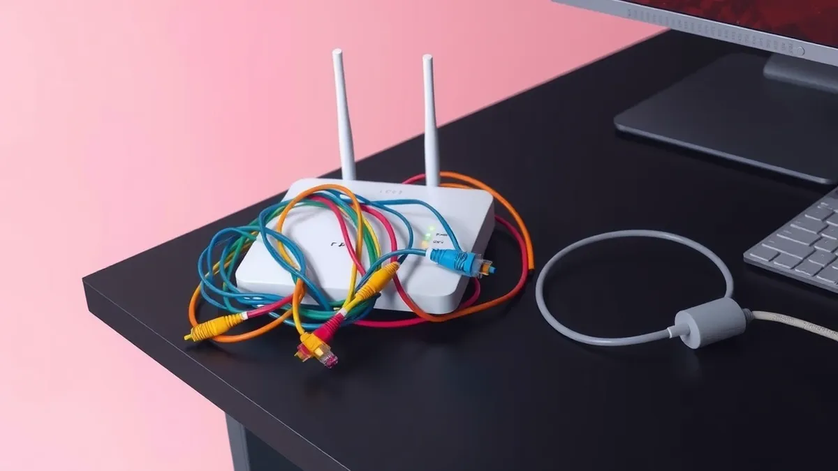 Illustration: A tangled knot of colorful network cables sits loosely on a dark desk surface.
