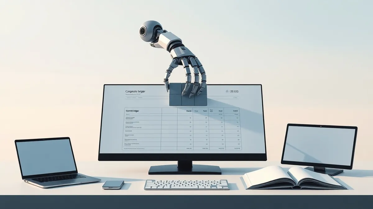 Illustration: A sleek robotic arm hovers over a blank corporate ledger, its metallic fingers poised to rearrange abstract geometric blocks.