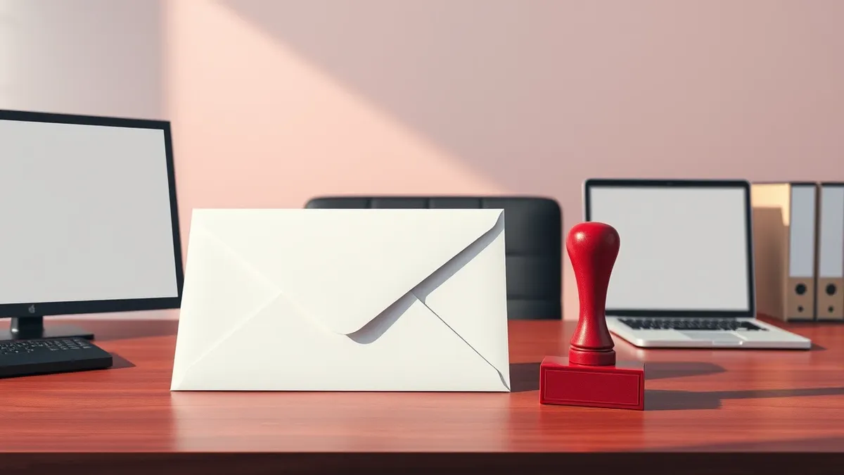 Illustration: A single white envelope sits on a polished wooden desk, its flap sealed with a gold wax stamp.