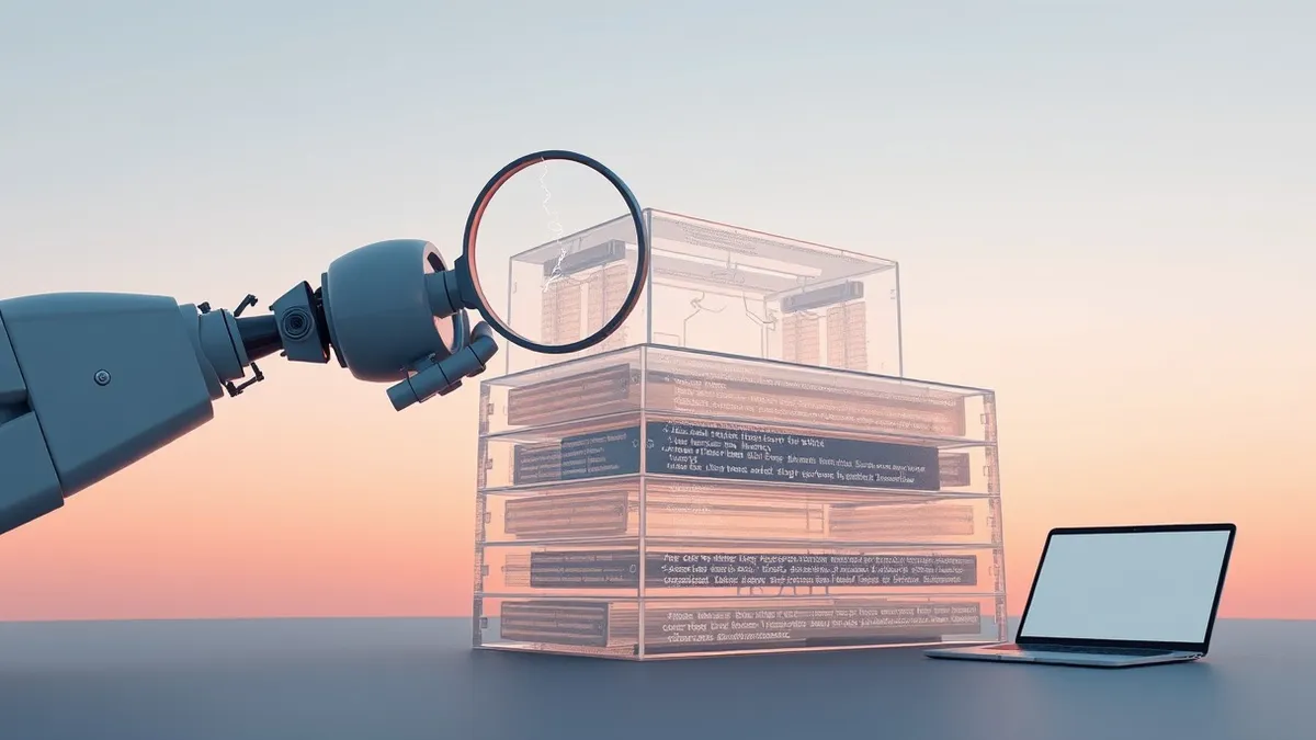 Illustration: A glowing robotic arm extends a magnifying glass over a stack of transparent, interlocking code blocks.