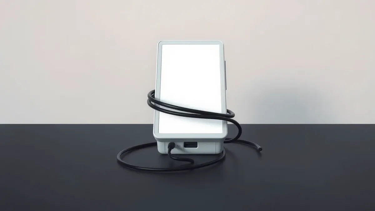 Illustration: A sleek white payment terminal sits isolated on a dark surface.
