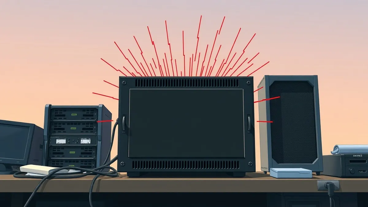 Illustration: A rugged black network appliance sits on a cluttered server desk, its blank front panel facing forward.