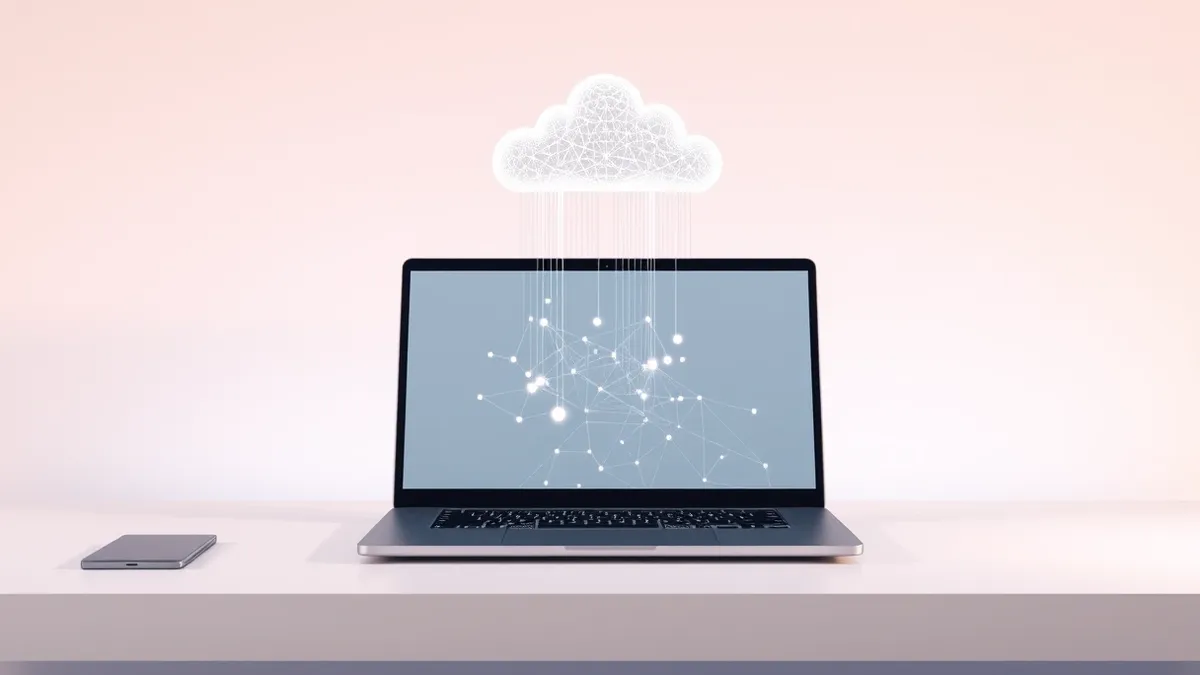 Illustration: A sleek laptop sits on a minimalist desk with its screen displaying a soft, glowing neural network pattern.