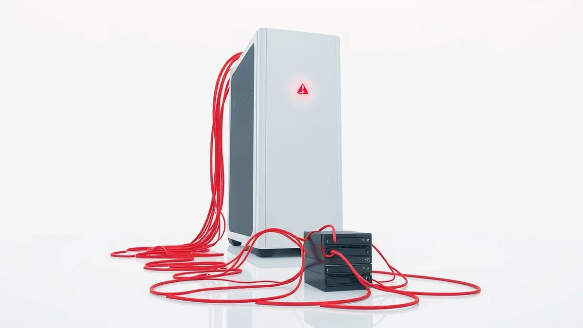 Illustration: A sterile white room contains a single sleek server tower with a large red warning light blinking on its front panel.