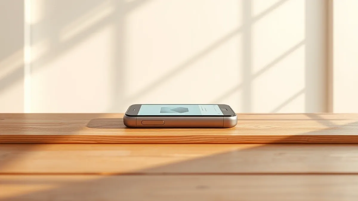 Illustration: A basic smartphone rests on a wooden table in a sunlit room.