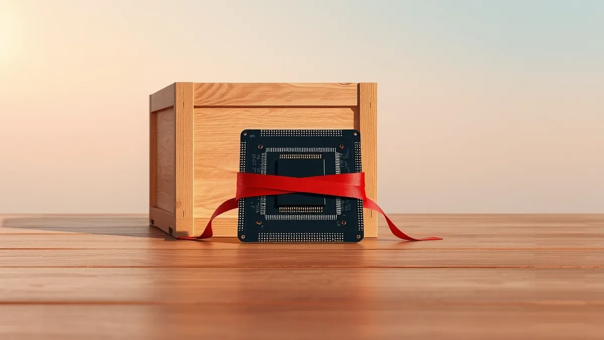Illustration: A sleek black computer chip rests on a polished wooden table beside a closed wooden crate.