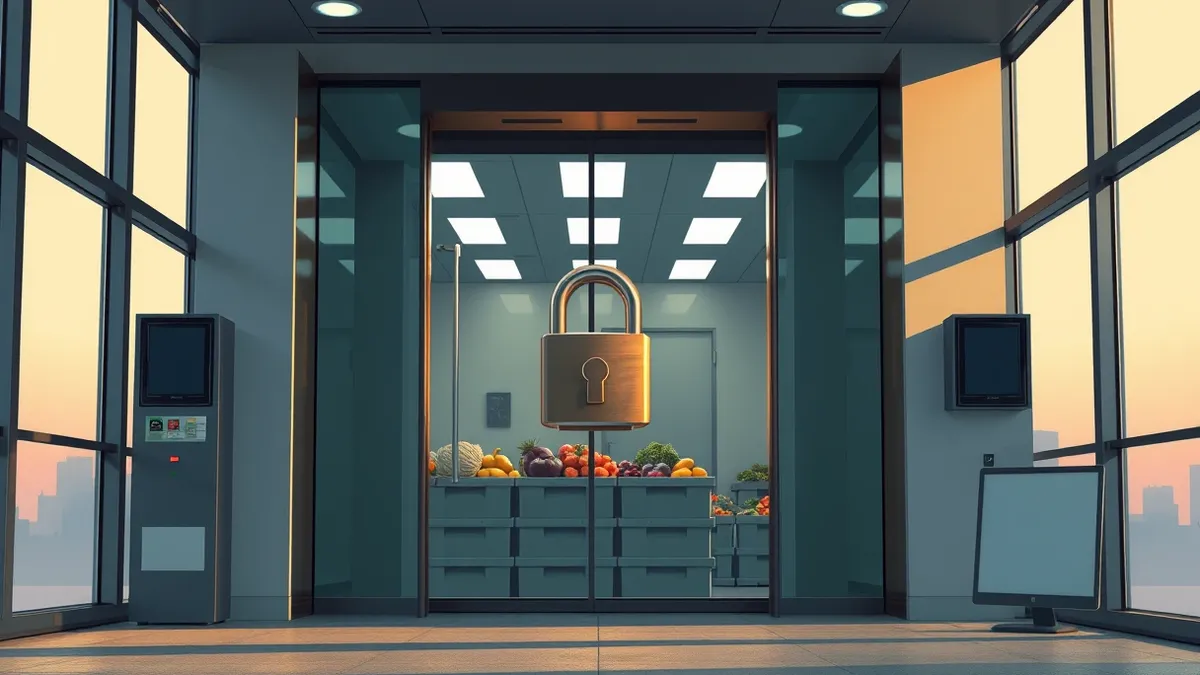 Illustration: A modern office lobby features a sleek glass elevator door firmly locked with a large padlock.