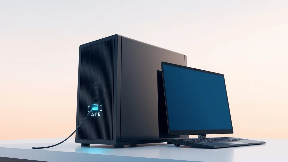 Illustration: A sleek black server tower sits on a clean white desk, its front panel pulsing with soft blue light.