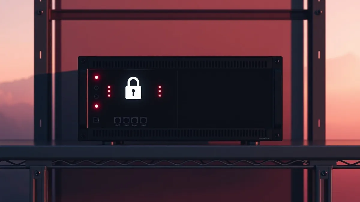Illustration: A dark network security appliance sits on a metal shelf.