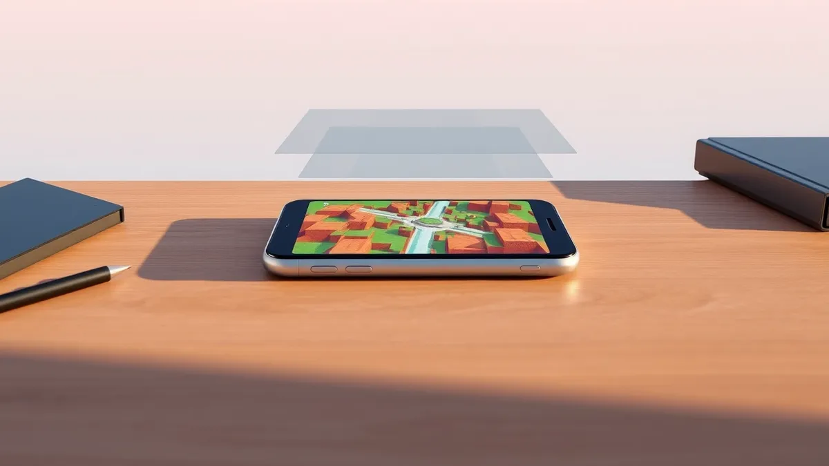 Illustration: A silver smartphone rests on a wooden desk, its screen displaying vibrant blocky terrain from a popular sandbox game.