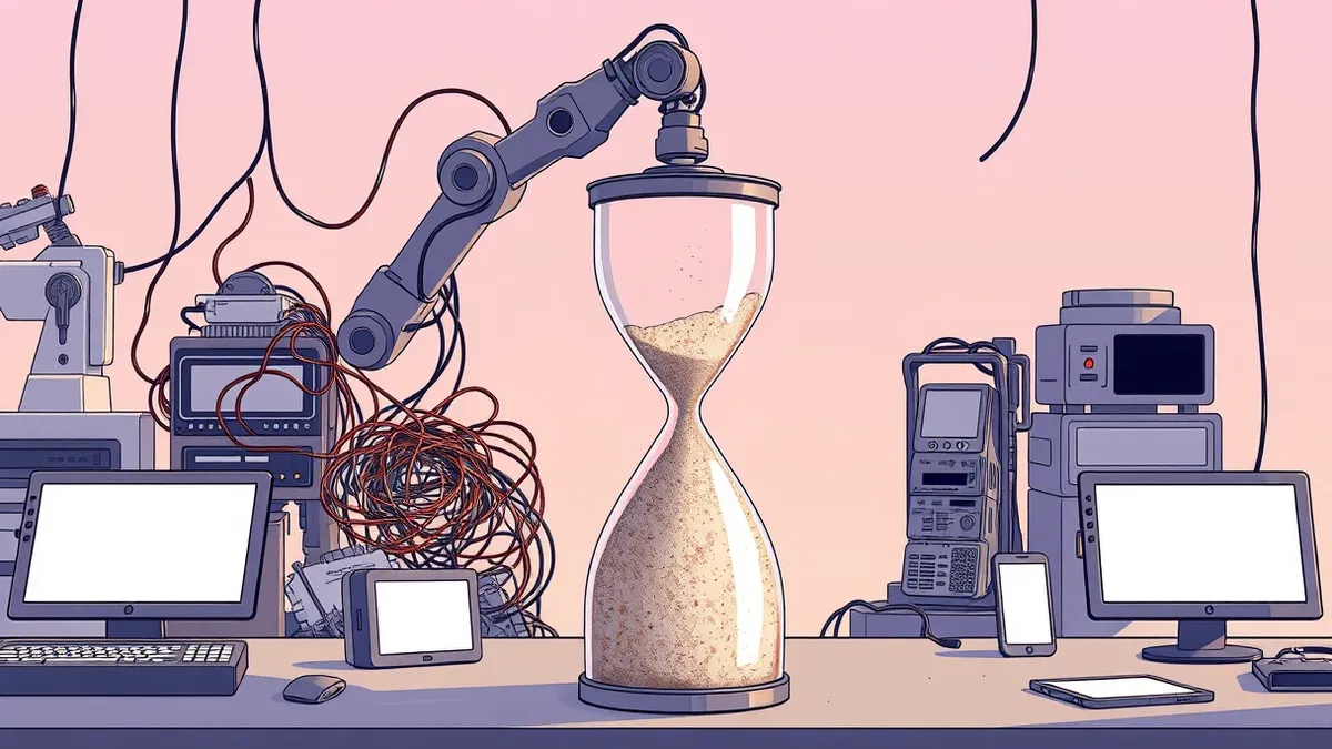 Illustration: A robotic arm rapidly assembles tangled wires on a cluttered workbench, while a large hourglass in the foreground shows sand piled high at the bottom, completely bloc