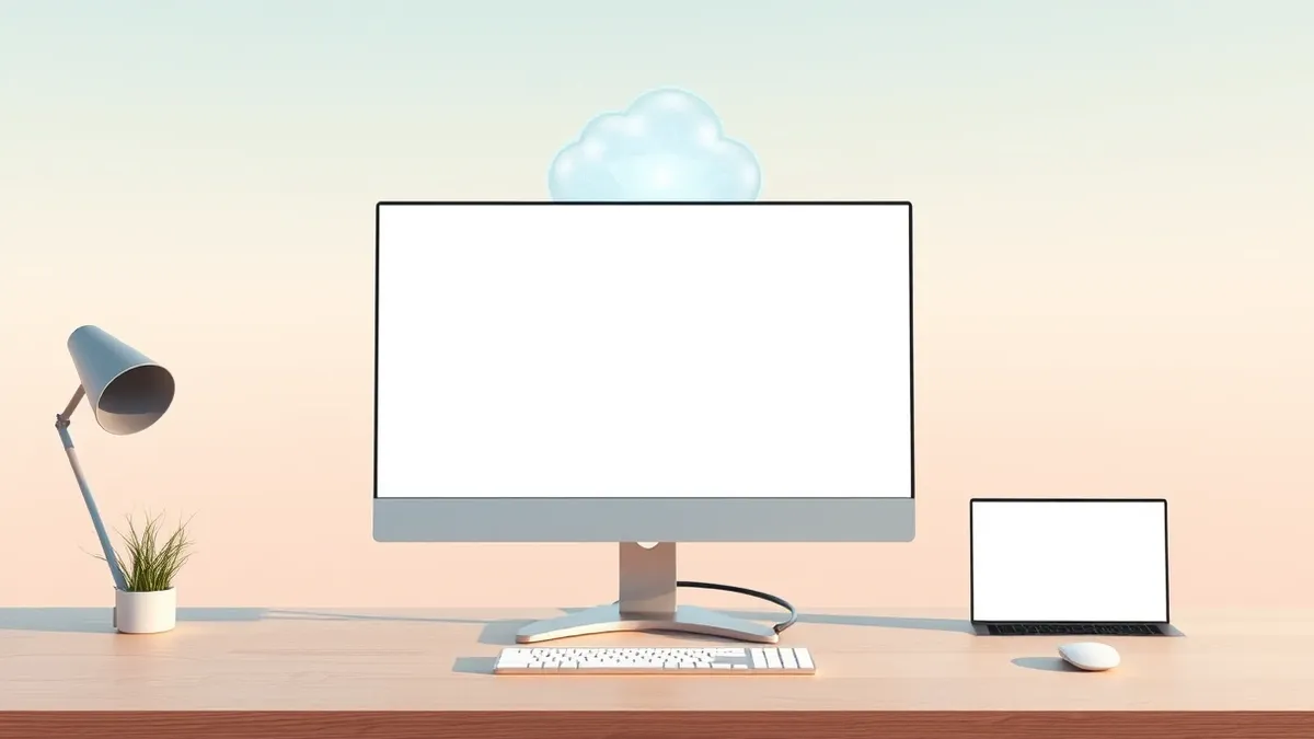 Illustration: A sleek desktop computer monitor sits on a clean wooden desk, displaying a minimalist chat interface with smooth, abstract conversation bubbles.