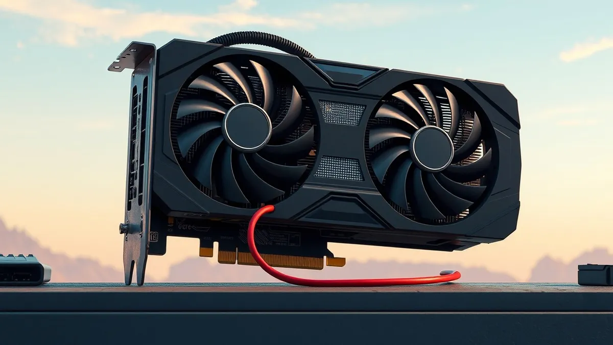 Illustration: A black graphics card sits on a workbench, its cooling fans spinning wildly before grinding to a halt.