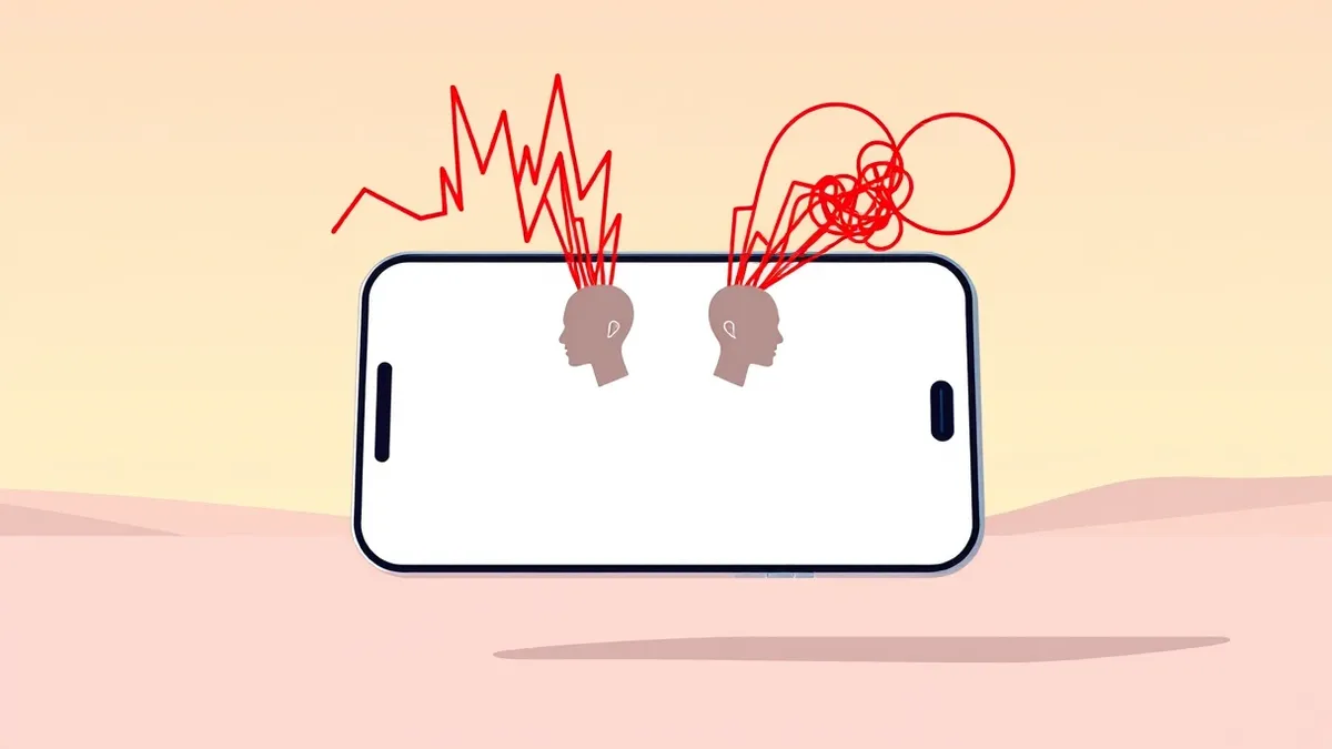 Illustration: A blank smartphone screen displays a betting app interface with erratic, jagged red lines spiking sharply before collapsing flat.
