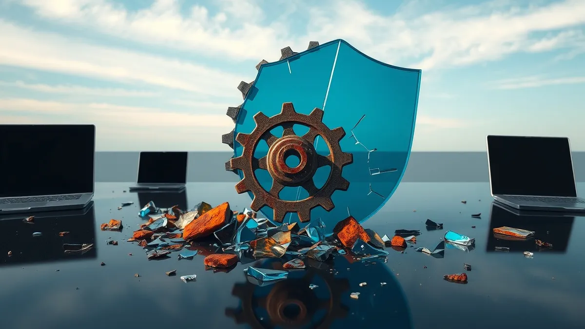 Illustration: A jagged, rusted mechanical gear grinds against a smooth, translucent blue shield, shattering it into fragmented shards that scatter across a dark, reflective surface