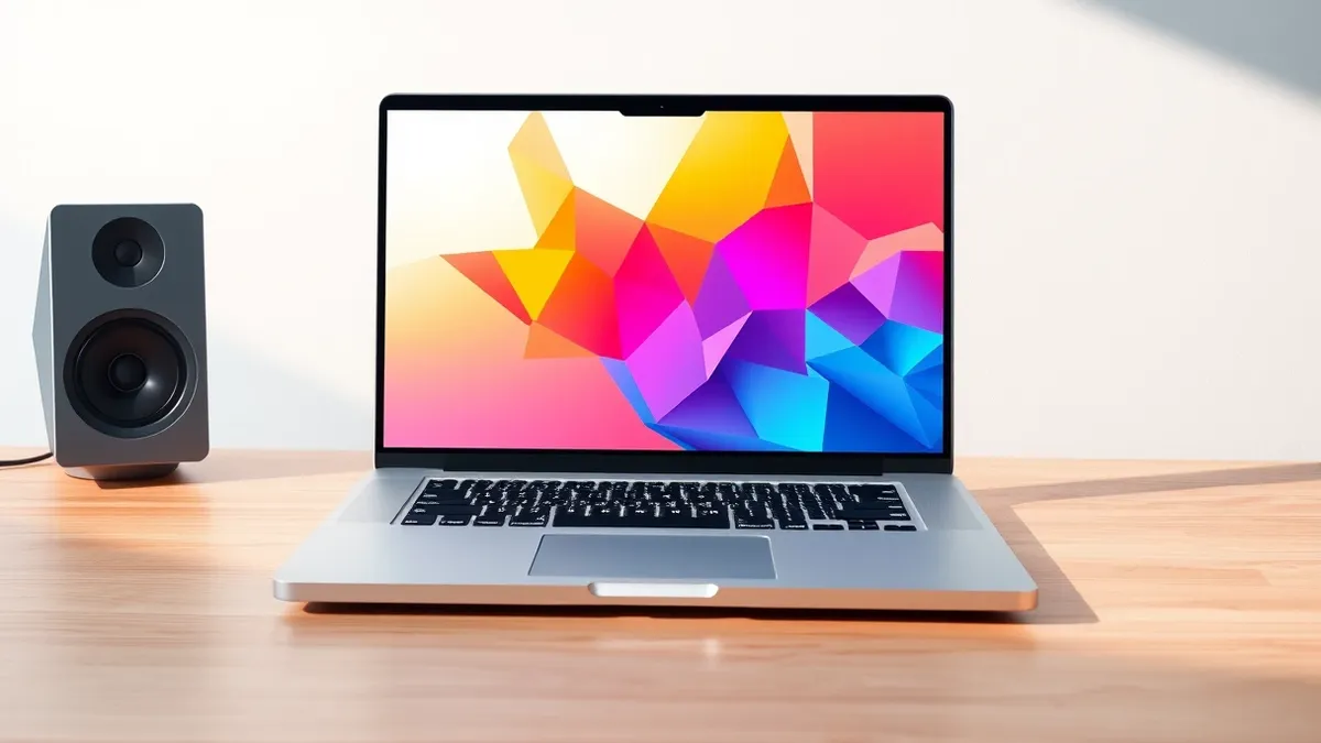 Illustration: A sleek silver laptop sits open on a clean wooden desk, its screen displaying a vibrant abstract grid of colorful geometric shapes.