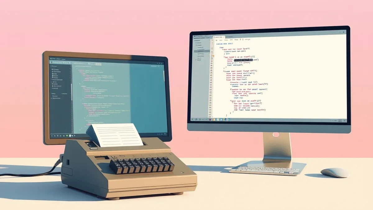 Illustration: A vintage punch card reader sits beside a sleek desktop monitor displaying a clean, modern code editor interface with abstract syntax blocks.