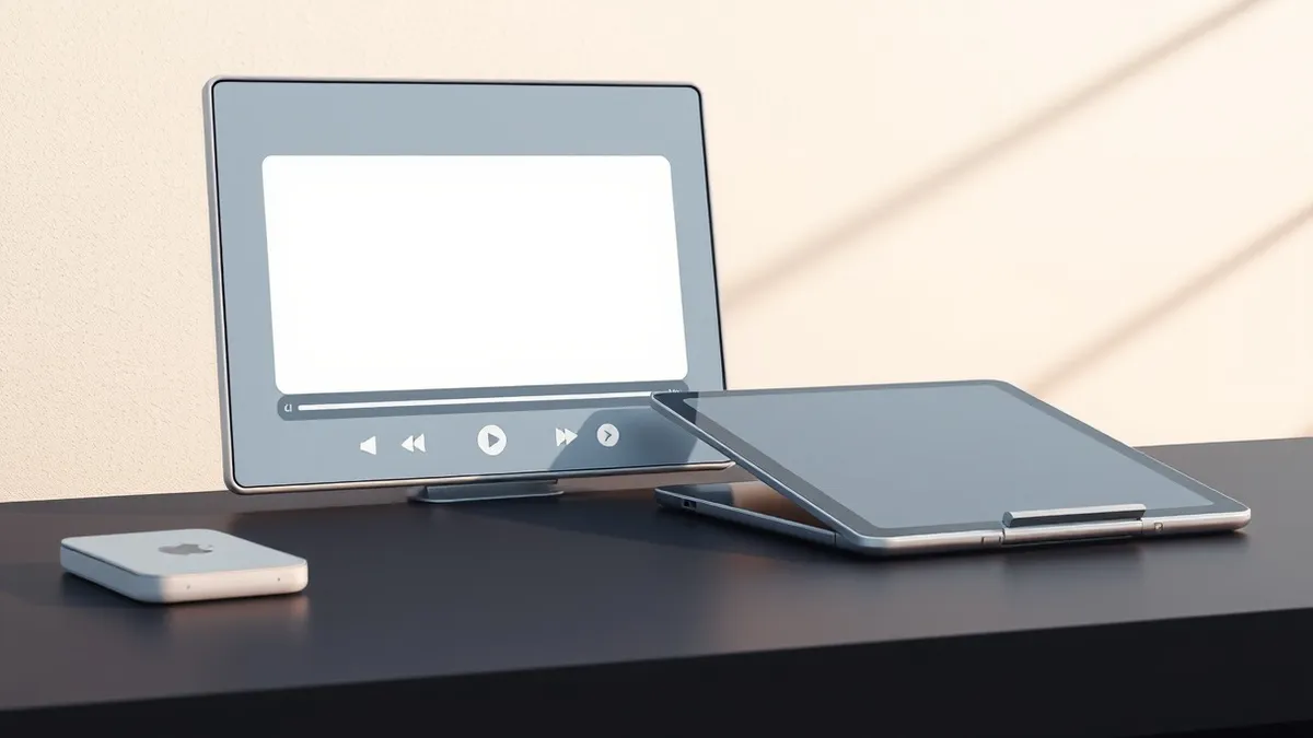 Illustration: A white media player interface sits on a dark desk, featuring a blank video window and simple playback controls.