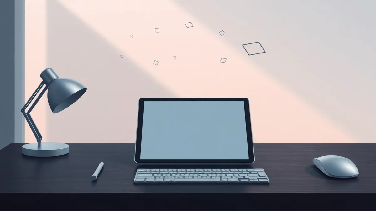 Illustration: A sleek silver tablet rests on a dark wooden desk, its blank screen reflecting soft ambient light.