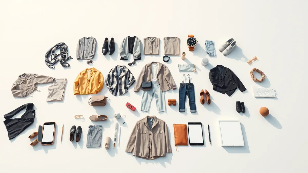 Illustration: A flat-lay of diverse garments and accessories arranged on a clean white surface, surrounded by soft, abstract digital overlays that suggest virtual fitting.