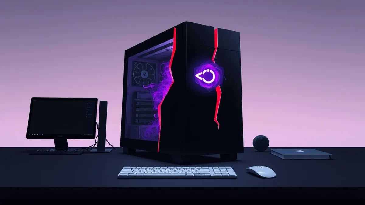 Illustration: A sleek black Windows tower sits isolated on a dark desk.