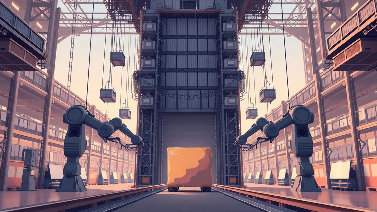Illustration: A massive warehouse interior features a towering robotic sorting system with suspended metal bins.